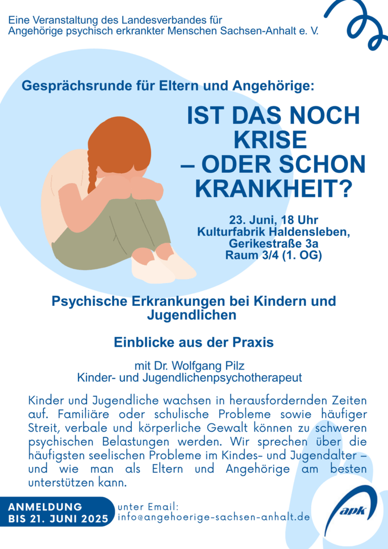 Flyer, der auf die Veranstaltung hinweist, die im Text beschrieben wurde. Illustriert mit einem Mädchen, dass sich traurig die Hände vors Gesicht hält und zusammengekauert sitzt.